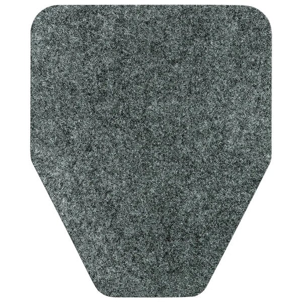 A grey felt triangle shaped urinal mat.