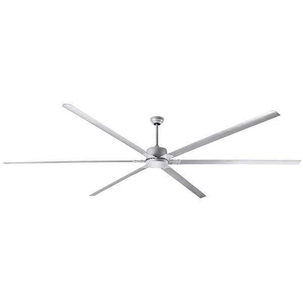 A grey Canarm industrial ceiling fan with four blades.