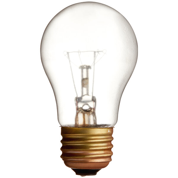 A close-up of a Satco clear finish incandescent light bulb.