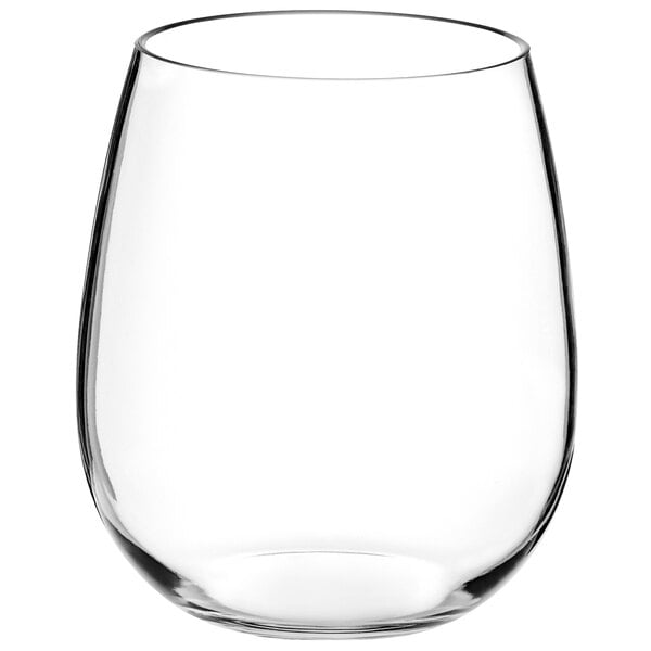 A case of 24 clear GET Tritan plastic stemless wine glasses.