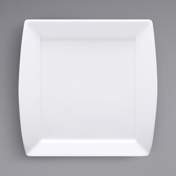 A white square Fortessa porcelain plate with handles.
