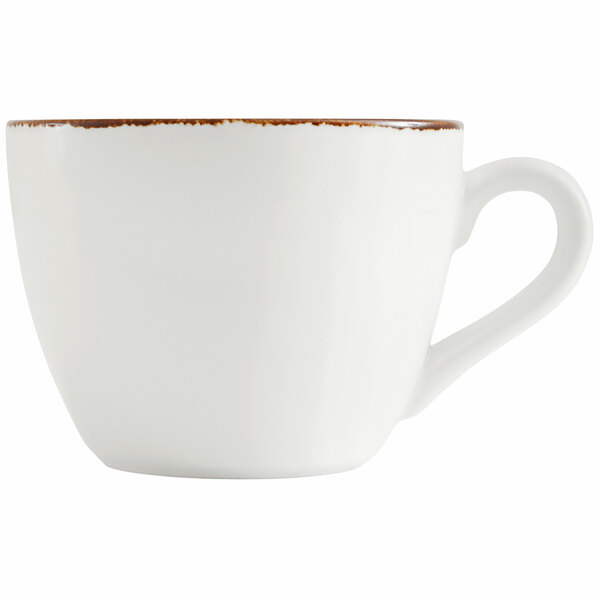 A Fortessa bright white China coffee cup with an earth hue rim.