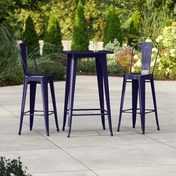 Lancaster Table & Seating Alloy Series 23 1/2" x 23 1/2" Sapphire Bar Height Outdoor Table with 2 Cafe Barstools