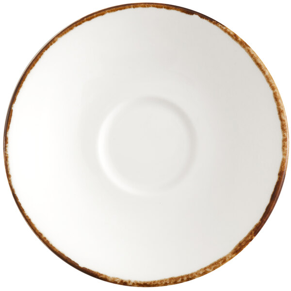 A Fortessa bright white china saucer with brown rim.