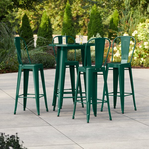 Lancaster Table & Seating Alloy Series 30" Round Emerald Green Bar Height Outdoor Table with 4 Cafe Barstools