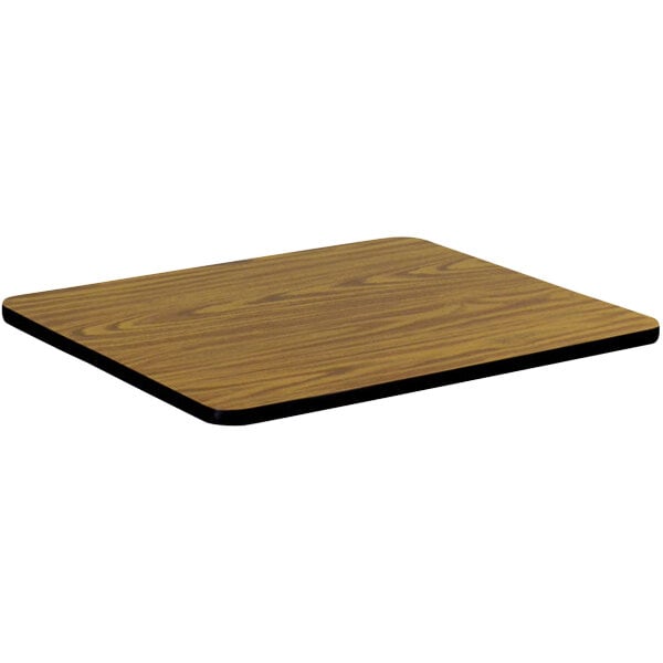 A square wood table top with a black edge.