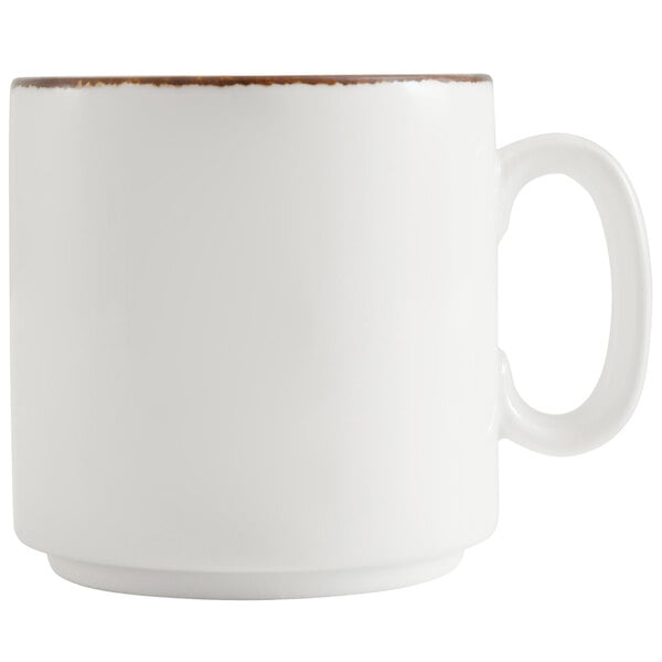 A Fortessa bright white china mug with a brown rim.