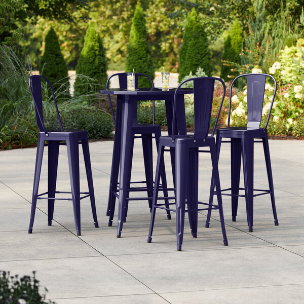 Lancaster Table & Seating Alloy Series 30" Round Sapphire Bar Height Outdoor Table with 4 Cafe Barstools