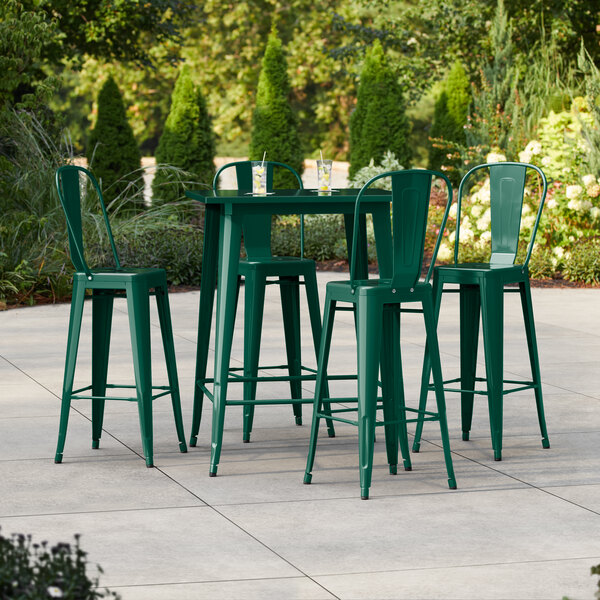 Lancaster Table & Seating Alloy Series 31 1/2" x 31 1/2" Emerald Green Bar Height Outdoor Table with 4 Cafe Barstools