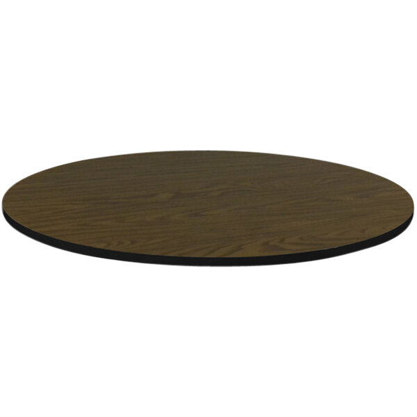 A Correll round walnut laminate table top on a brown table base.
