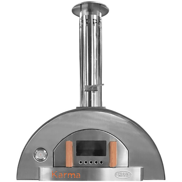 A stainless steel WPPO Karma wood fire pizza oven on a counter.