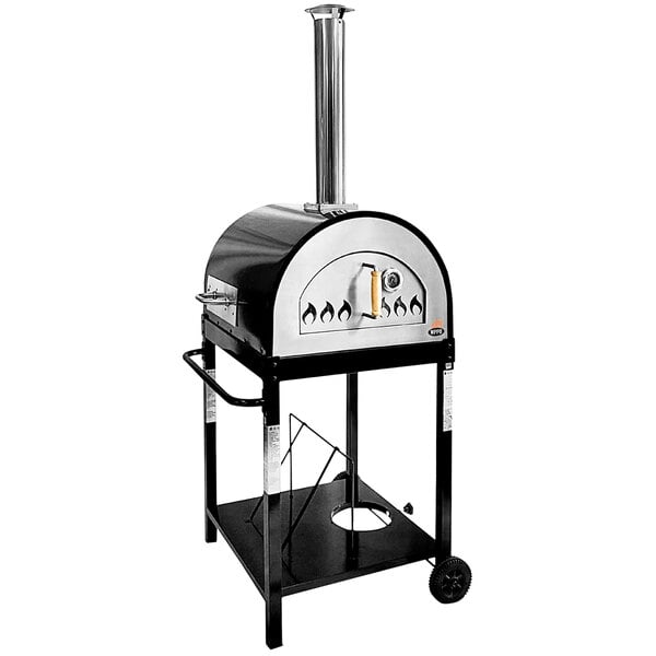 A black WPPO hybrid dual fueled outdoor pizza oven on a stand.