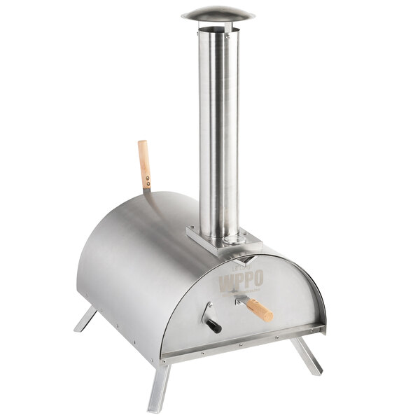 A WPPO stainless steel outdoor pizza oven with a wood burning chimney and wooden handle.