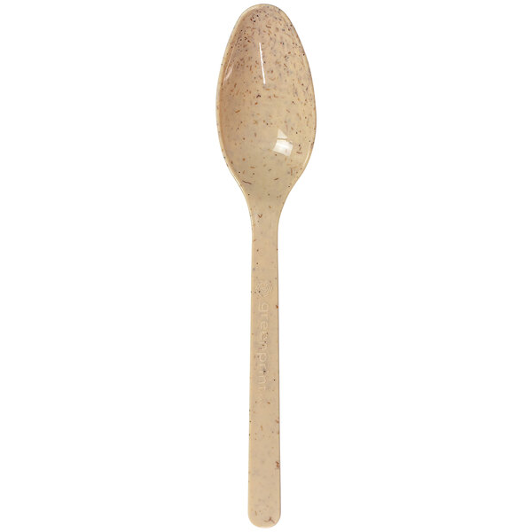 A Greenprint heavy weight natural agave plastic spoon with a speckled handle.