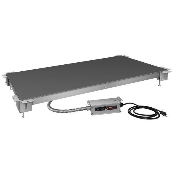 A grey rectangular metal Hatco shelf warmer with a power cord.
