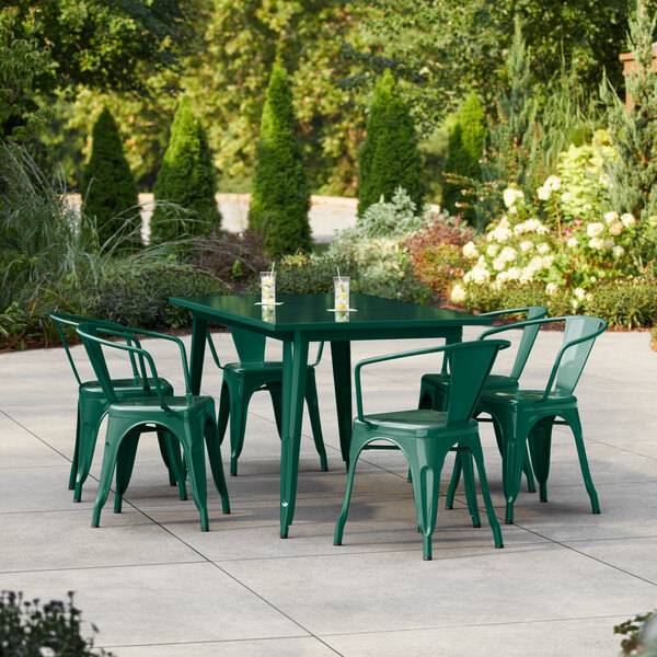 Lancaster Table & Seating Alloy Series 63" x 31 1/2" Emerald Green Standard Height Outdoor Table with 6 Arm Chairs