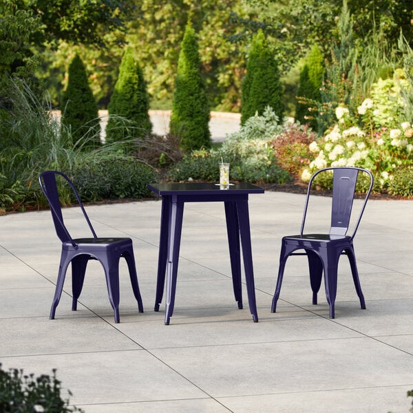 Lancaster Table & Seating Alloy Series 23 1/2" x 23 1/2" Sapphire Standard Height Outdoor Table with 2 Cafe Chairs