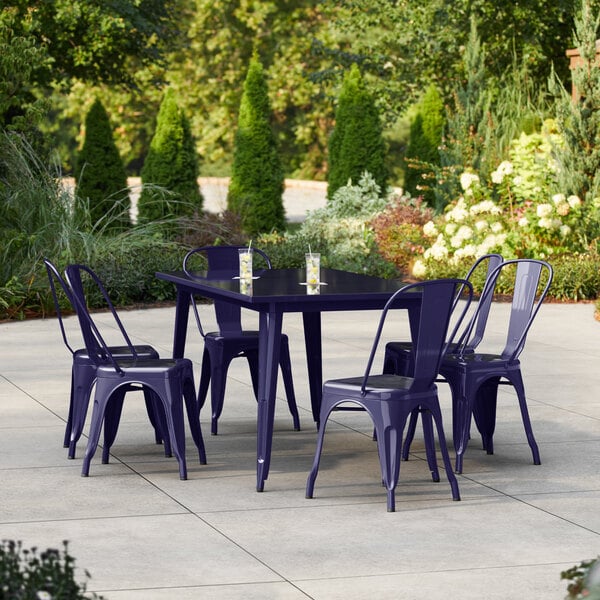 Lancaster Table & Seating Alloy Series 63" x 31 1/2" Navy Standard Height Outdoor Table with 6 Cafe Chairs