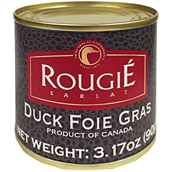 A can of Rougie duck foie gras with a label featuring a logo of a duck head.