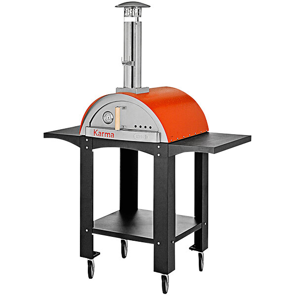 An orange stainless steel WPPO Karma outdoor pizza oven with mobile stand.
