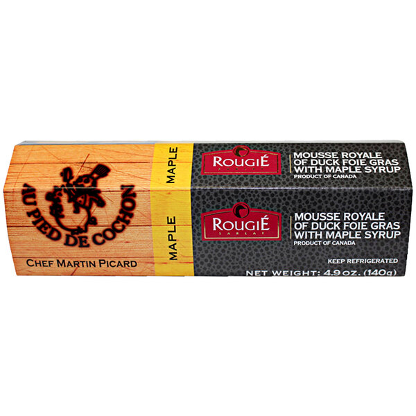 A rectangular box of Rougie Parfait of Foie Gras with a logo.