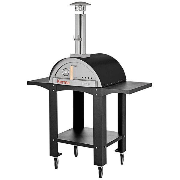 A black stainless steel WPPO Karma 25 wood fire pizza oven on a mobile stand.