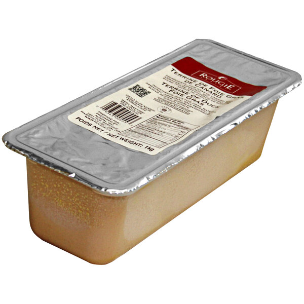 A plastic container of Rougie Mi-Cuit Armagnac Terrine Foie Gras with foil on top.