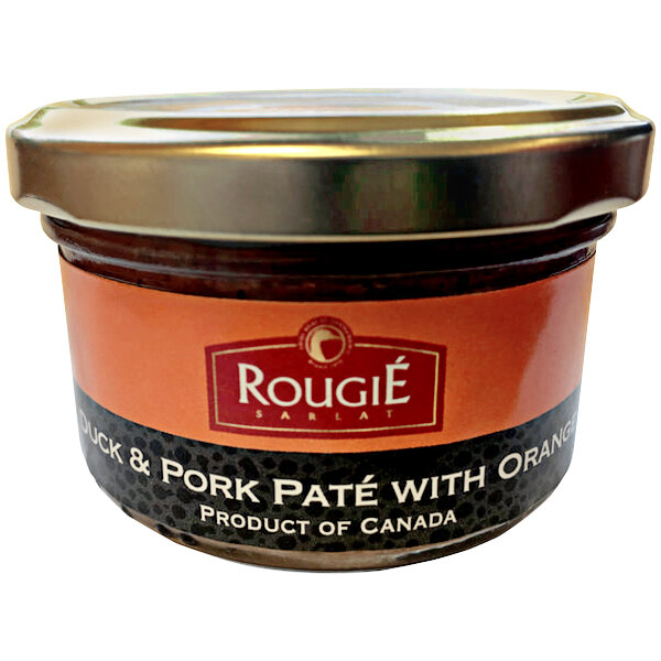 A container of Rougie Duck and Pork Pate with Orange with a lid.