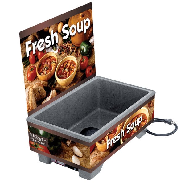 A Vollrath countertop soup warmer base with a menu board showing fresh soup.
