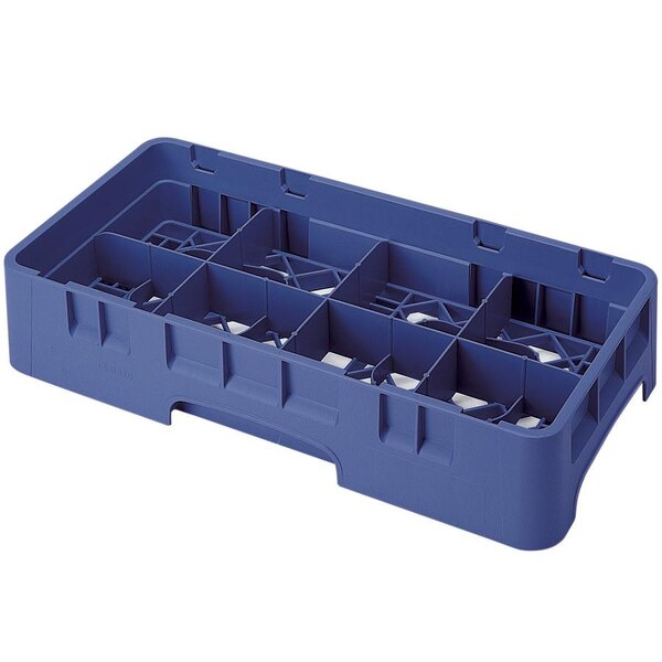 A navy blue plastic Cambro glass rack with 8 compartments and 1 extender.