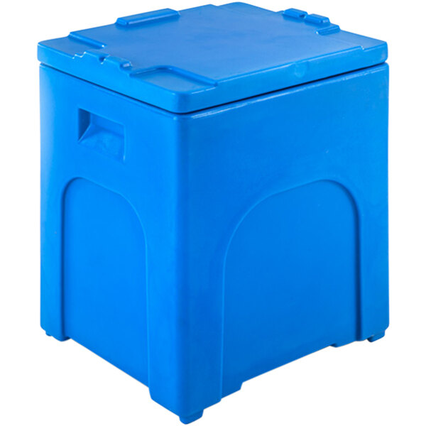 A blue plastic Bonar Plastics dry ice container with a lid.