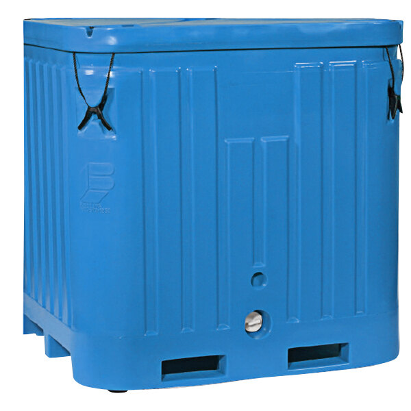 A blue plastic Bonar Dry Ice container with black straps.