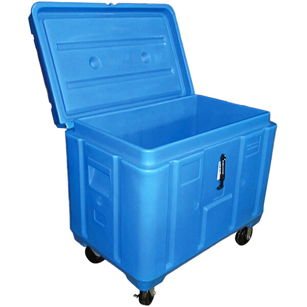 A blue plastic container on wheels with a lid.