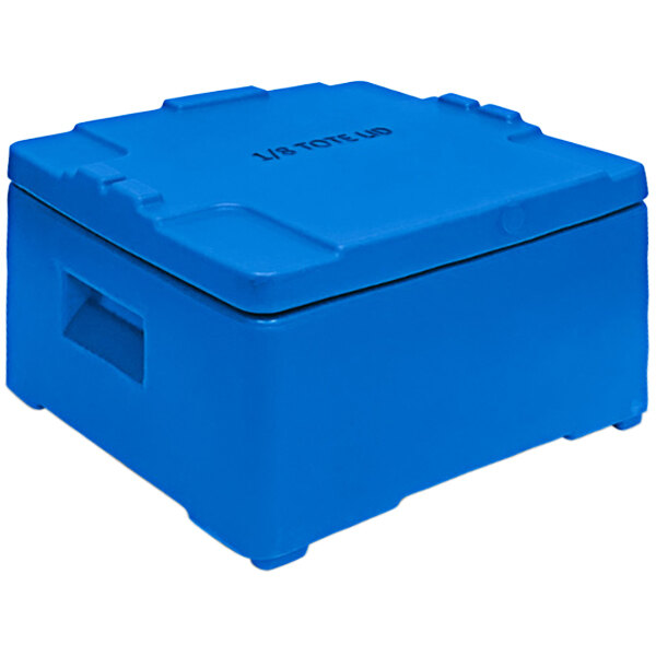 A blue Bonar Plastics dry ice container with a lid.