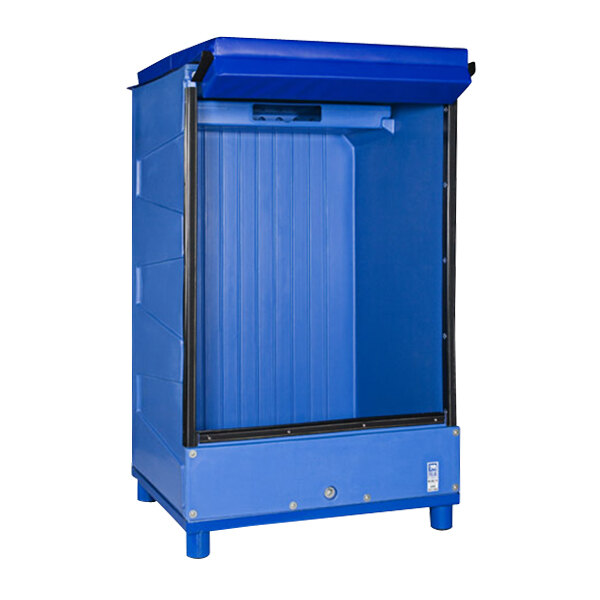 A blue plastic Bonar Plastics dry ice box with a black lid and handle.