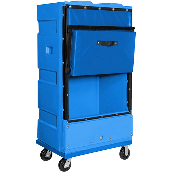 A blue plastic container with black casters and trim.