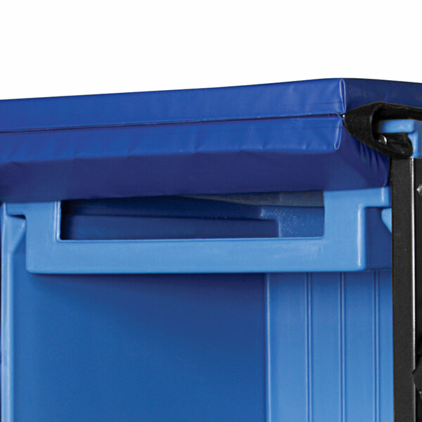 A blue Bonar Plastics dry ice bin with a black lid and handle.