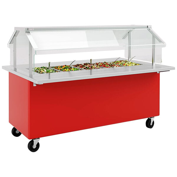 A Candy Apple Red LTI Fresh 'N Ready food bar cart with a clear top and wheels.