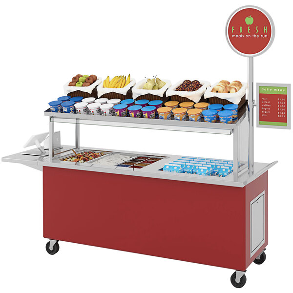 A candy apple red LTI Multipurpose food cart with various types of food on it.