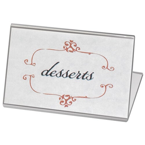 A white rectangular Cal-Mil easel displayette with the word desserts in red and black.