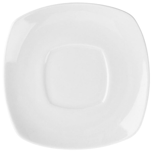 A close-up of a white square porcelain saucer with a square edge.