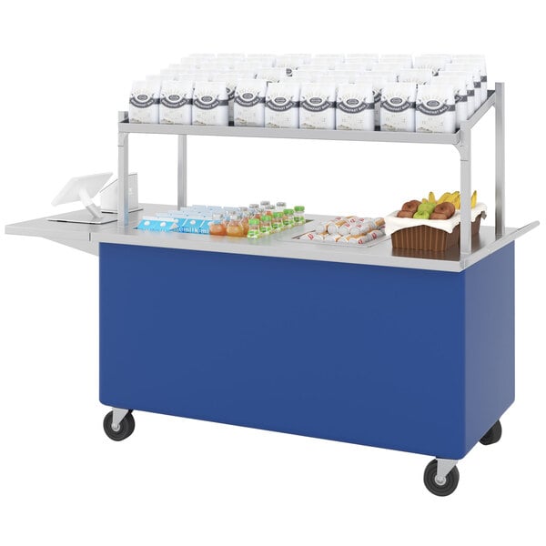 A regal blue LTI Streamline hot well cart with a variety of food items on it.