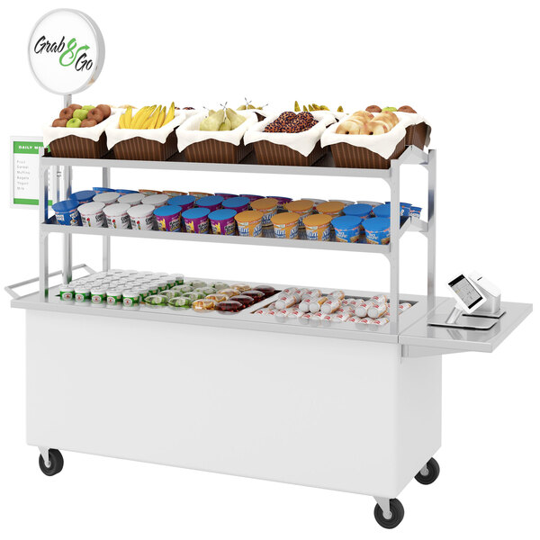 A white LTI breakfast cart with a variety of food items on it.
