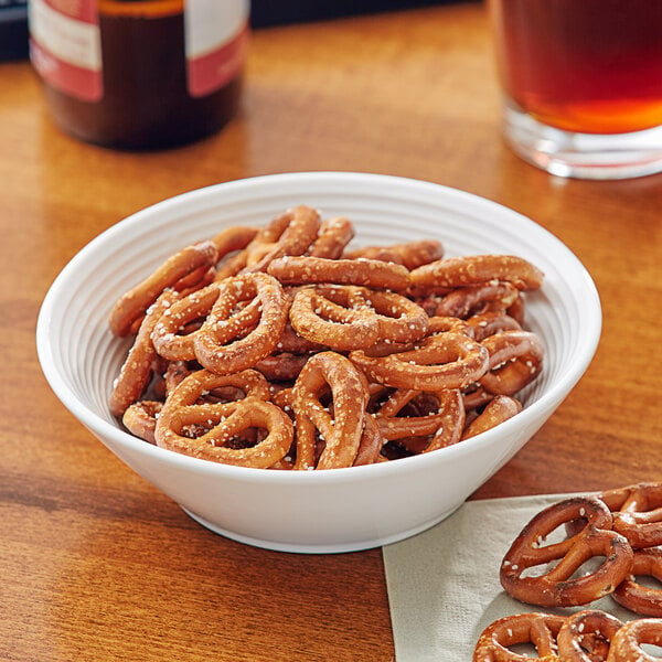 A bowl of Tom Sturgis Little Ones pretzels on a table.