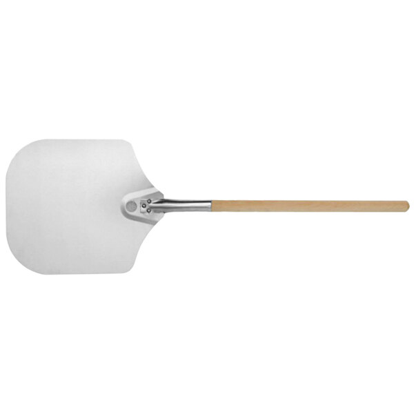 A WPPO white aluminum pizza peel with a wooden handle.
