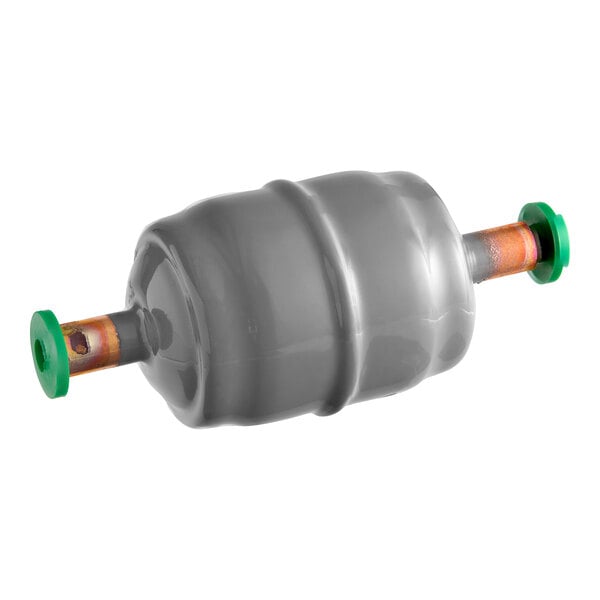 A grey Avantco filter drier cylinder with green caps.