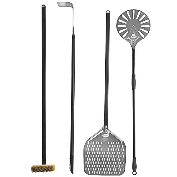 A black pole with a brush, broom, and scraper for a pizza oven.