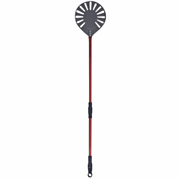 A WPPO red and black aluminum pizza peel with a round, perforated black head and an adjustable red and black handle.