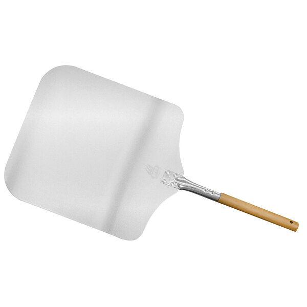 A white aluminum pizza peel with a wooden handle.