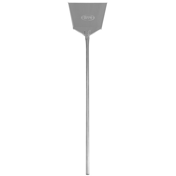 A WPPO stainless steel ash shovel with a long silver pole.